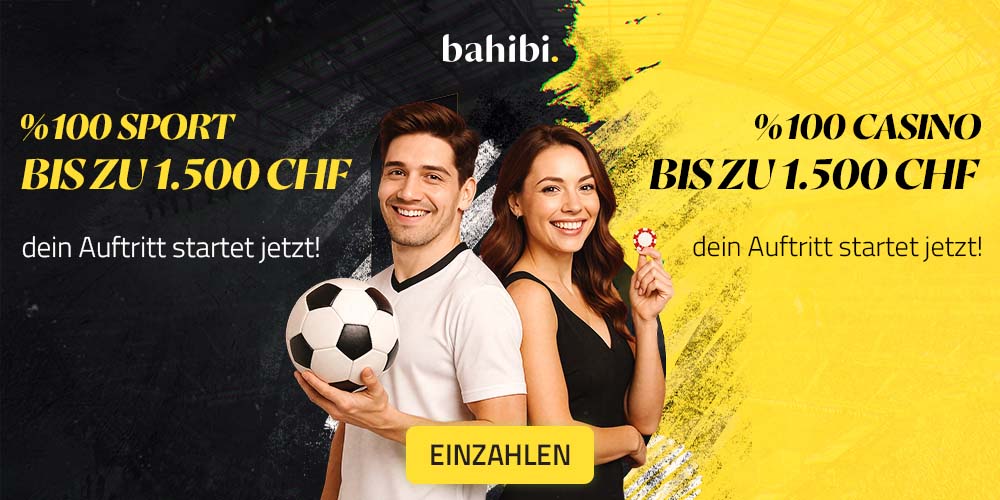 Mann mit Fussball und Frau mit Casino Chip f&uuml;r Bahibi Boni bis 1500 CHF