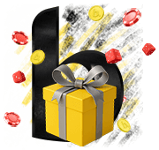 Bahibi Boni mit gelber Geschenkbox roten Schleifen und goldenen M&uuml;nzen