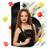 Frau in schwarzem Kleid h&auml;lt Spielkarten und Jetons im Casino