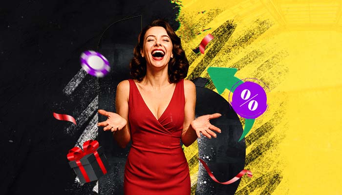 Bahibi Casino Boni mit lachender Frau Geschenkbox und Prozent Symbol