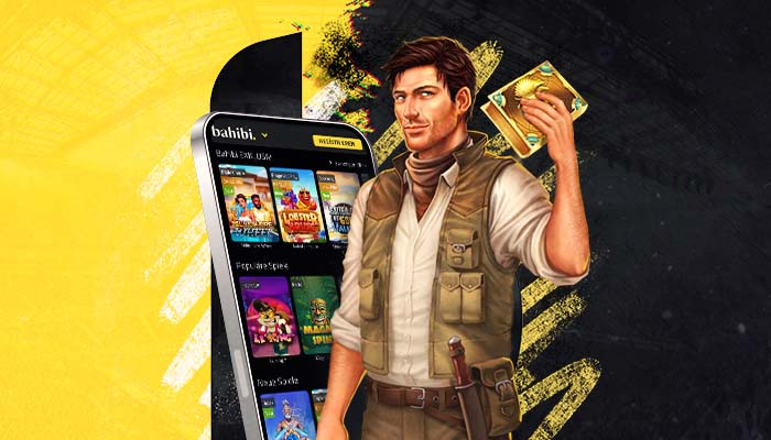 Mobiles Bahibi Casino mit Abenteurer Figur und Smartphone voller Slot Spiele