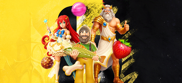 Slotfiguren mit Zeus und Erdbeeren auf gelbem Hintergrund