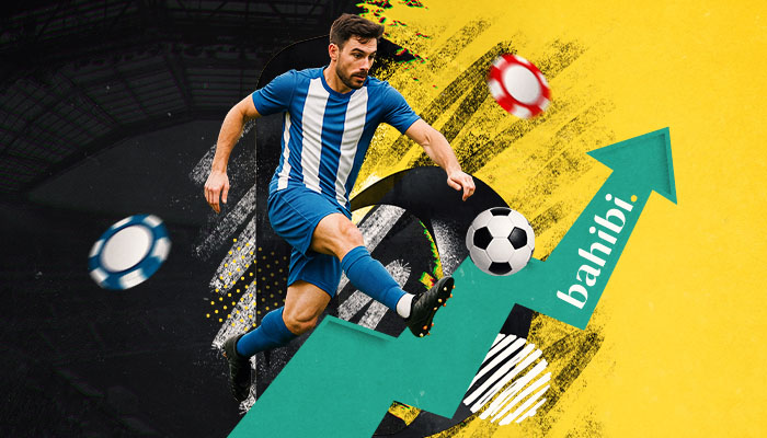 Bahibi-Login f&uuml;r Sportwetten mit einem Fu&szlig;ballspieler in blauem Trikot und Wettchips