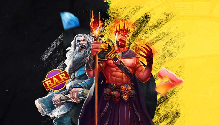 Fantastische Casino Charaktere mit K&ouml;nig Zeus und bunten Symbolen im Hintergrund