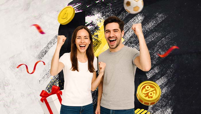 Bahibi Sportwetten Bonus mit jubelndem Paar goldenen M&uuml;nzen und roten B&auml;ndern