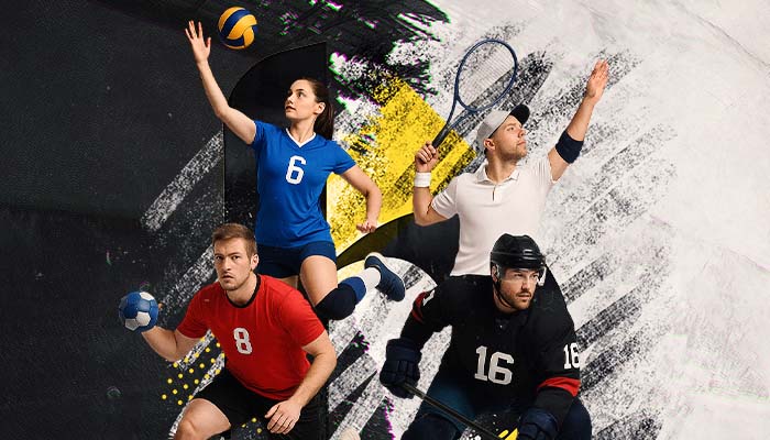 Spieler verschiedener Sportarten mit Volleyball Tennisschl&auml;ger Handball und Eishockey