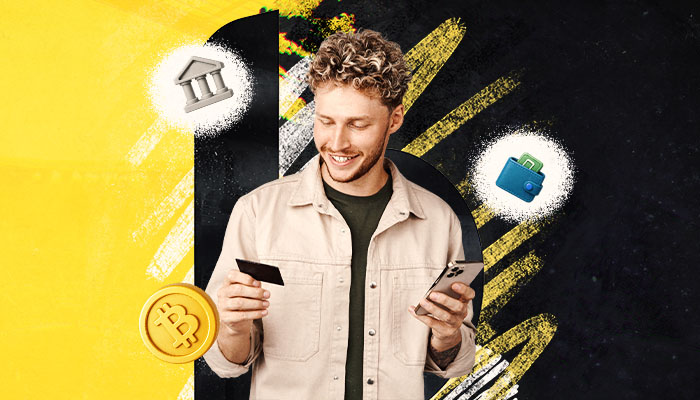 Spieler mit Smartphone zeigt einfache Einzahlung bei Bahibi mit Bank und Kryptow&auml;hrungen